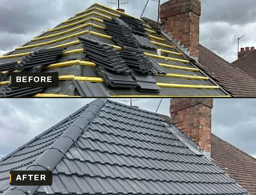 The same roof twice. On top the old covering is stripped back to felt and yellow battens with new tiles stacked ready. Underneath the roof is finished in grey tile right up over the hip.