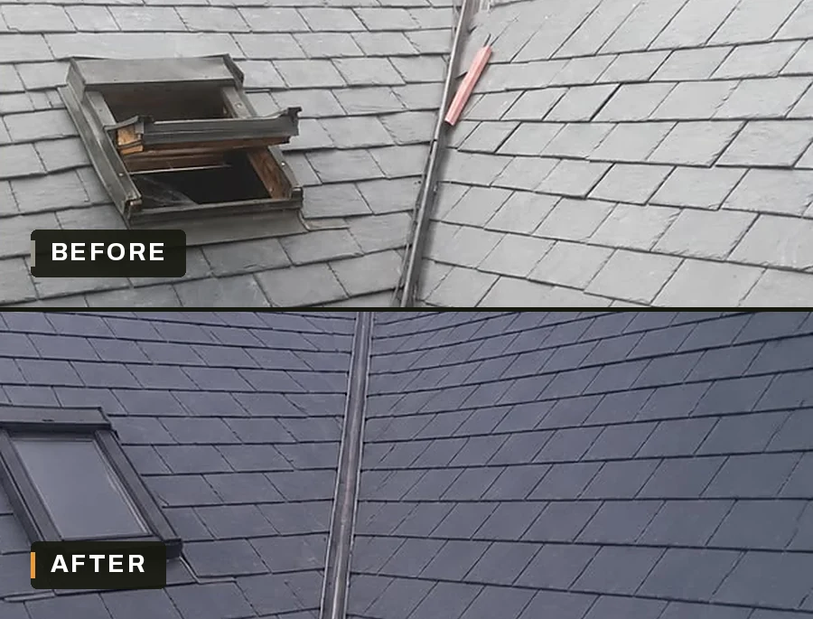The same roof twice. On top an old timber roof window sits in pale worn slates. Underneath a new roof window sits in fresh dark slate.