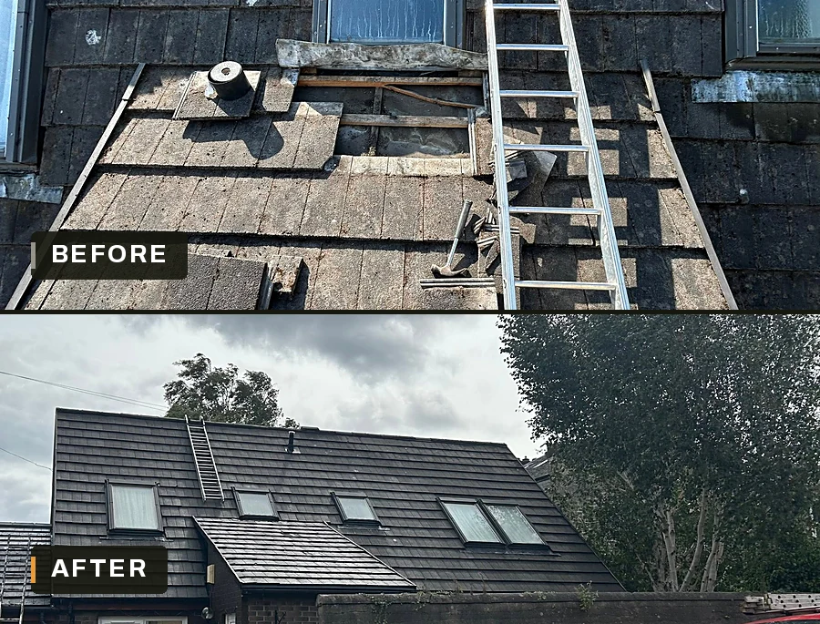 The same house twice. On top the old tiles are worn, stained and lifted around a leaking window. Underneath the roof is clean, dark and sitting flat again.